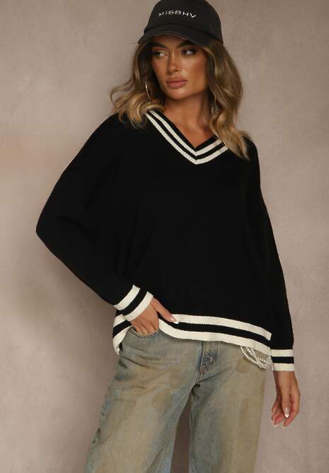 Czarny Sweter Preppy z Dodatkiem Kaszmiru Lincire