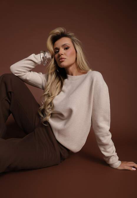 Beżowy Casualowy Sweter z Wełną i Wiskozą Lussare