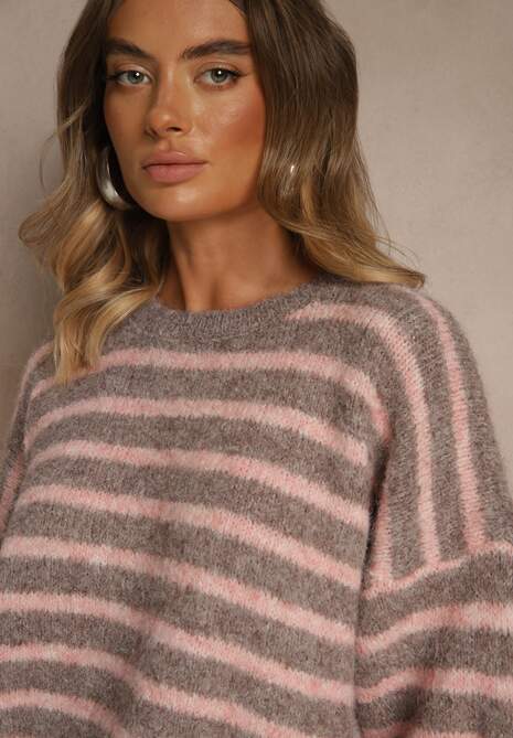 Brązowy Sweter z Wełną Ozdobiony Paskami i Bufiastymi Rękawami Rilesse 5