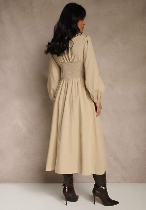 Beżowa Gorsetowa Sukienka z Wiskozą z Guzikami i Bufiastymi Rękawami Ahlite 4