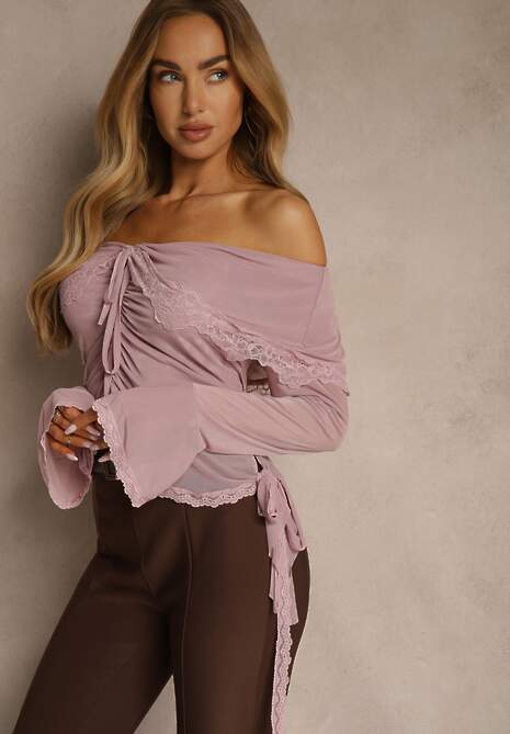 Różowa Bluzka Off Shoulder z Falbankami z Siateczki z Bawełny i Wiskozy Fenisella 4