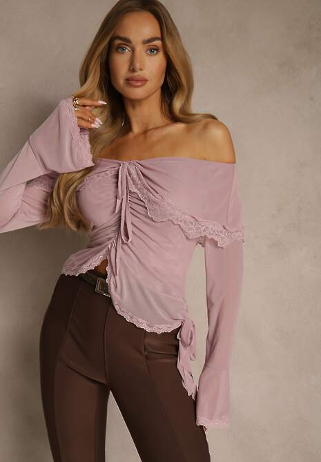 Różowa Bluzka Off Shoulder z Falbankami z Siateczki z Bawełny i Wiskozy Fenisella