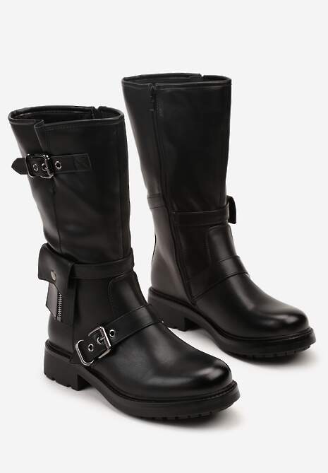 Czarne Botki Biker Boots Zdobione Klamerkami i Kieszonką Nalinnea 5