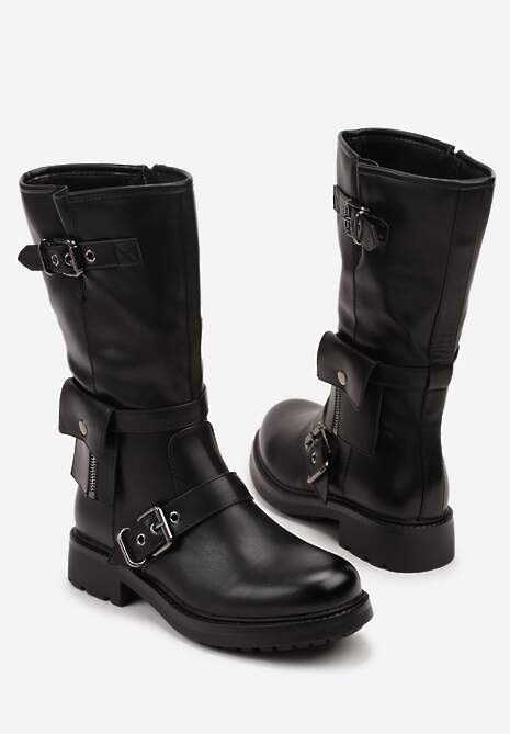 Czarne Botki Biker Boots Zdobione Klamerkami i Kieszonką Nalinnea 6