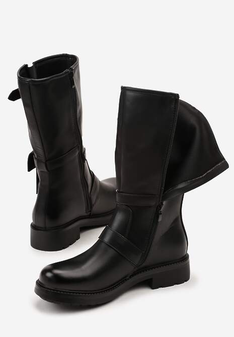 Czarne Botki Biker Boots Zdobione Klamerkami i Kieszonką Nalinnea 7