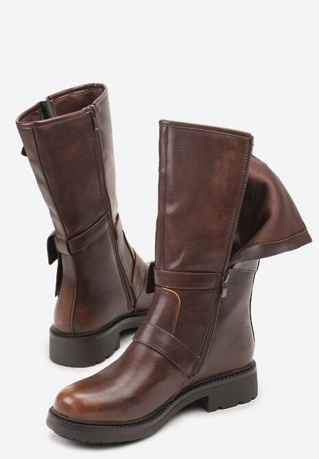 Brązowe Botki Biker Boots Zdobione Klamerkami i Kieszonką Nalinnea 7