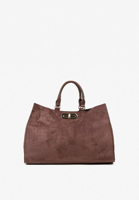 Brązowa Torebka Typu Shopper z Imitacji Zamszu z Rączkami i Paskiem Crossbody Temige