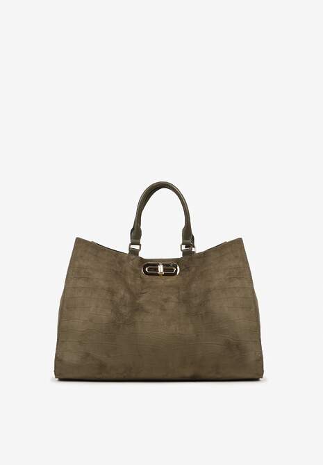 Zielona Torebka Typu Shopper z Imitacji Zamszu z Rączkami i Paskiem Crossbody Temige