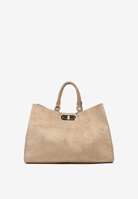 Beżowa Torebka Typu Shopper z Imitacji Zamszu z Rączkami i Paskiem Crossbody Temige