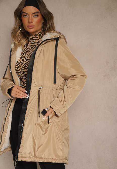 Ciemnobeżowa Kurtka Parka w Stylu Casual Ocieplana Futerkiem Olleania 4