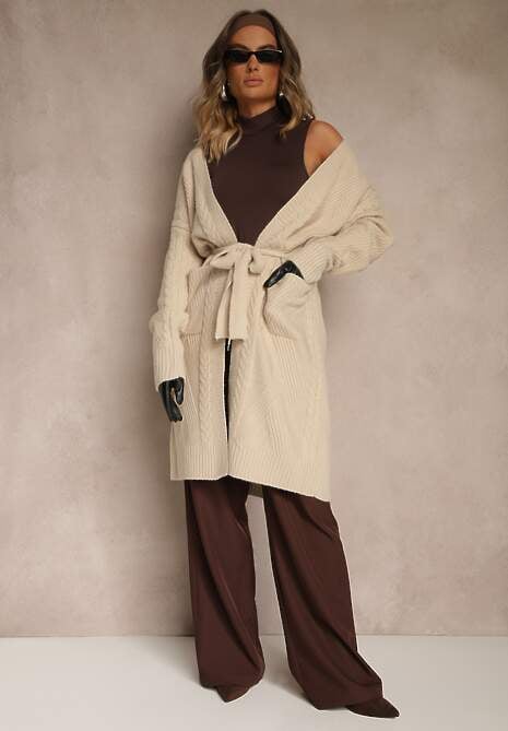 Beżowy Tłoczony Kardigan z Wełną o Kroju Bez Zapięć z Paskiem Dorrive