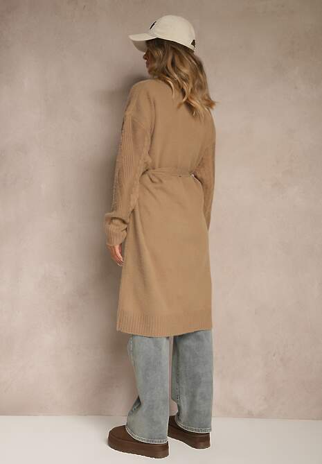 Brązowy Tłoczony Kardigan z Wełną o Kroju Bez Zapięć z Paskiem Dorrive 4