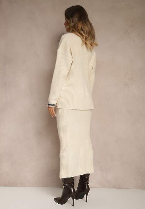 Jasnobeżowy Komplet z Dzianiny z Wełną w Prążki Golf i Ołówkowa Spódnica Falirea 4