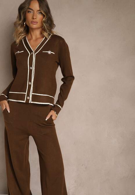 Brązowy Komplet z Dzianiny Spodnie Wide Leg i Retro Kardigan Giosila 5