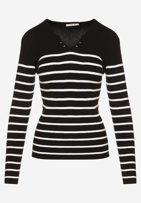 Czarna Bluzka z Bawełną z Motywem Pasków i Guzikami Serisse 6