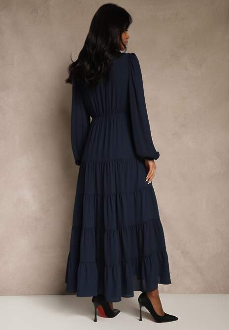 Granatowa Kopertowa Sukienka Vices o Rozkloszowanym Kroju Resvima 4