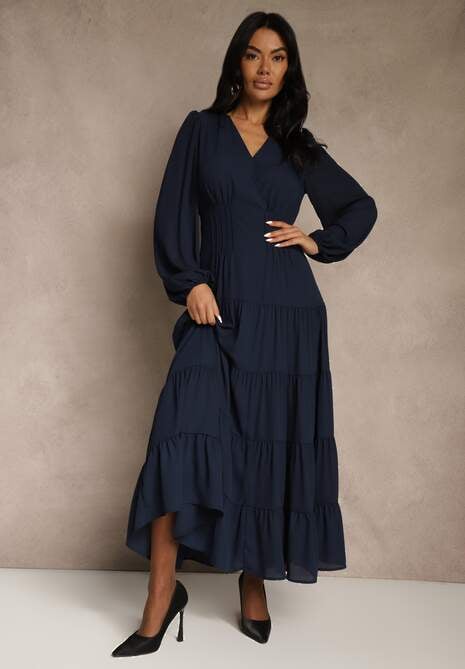 Granatowa Kopertowa Sukienka Vices o Rozkloszowanym Kroju Resvima