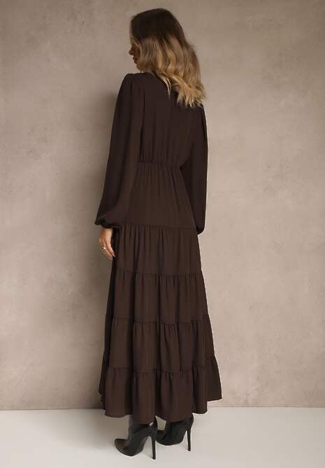 Brązowa Kopertowa Sukienka Vices o Rozkloszowanym Kroju Resvima 4