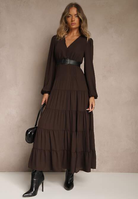 Brązowa Kopertowa Sukienka Vices o Rozkloszowanym Kroju Resvima