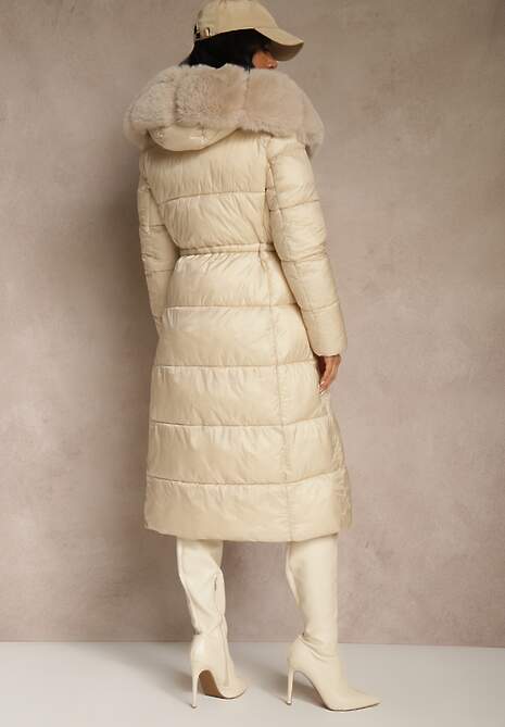 Beżowa Puchowa Kurtka Pikowana o Długim Kroju z Kapturem z Futerkiem Bavea 4