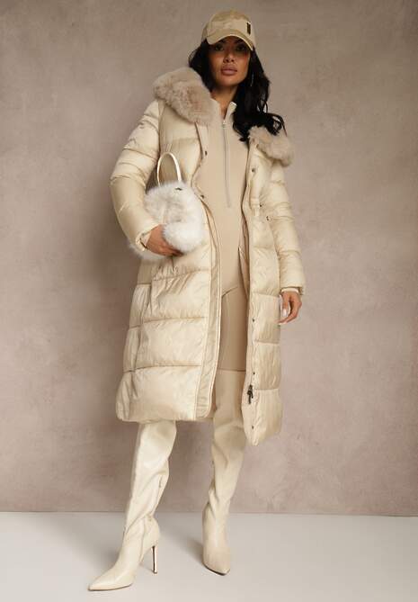 Beżowa Puchowa Kurtka Pikowana o Długim Kroju z Kapturem z Futerkiem Bavea 5