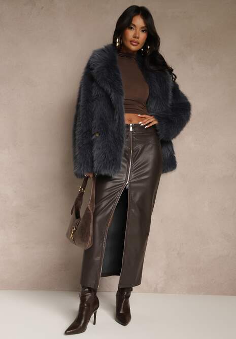 Granatowa Oversizowa Kurtka Futerko o Dwurzędowym Kroju Asonella 4