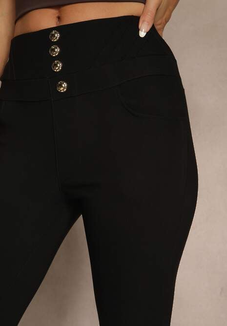 Czarne Spodnie High Waist z Gumką w Talii i Ozdobną Imitacją Guzików Wedevire 5