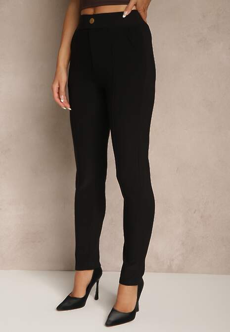 Czarne Dopasowane Spodnie High Waist z Gumką w Pasie Wedvira 4