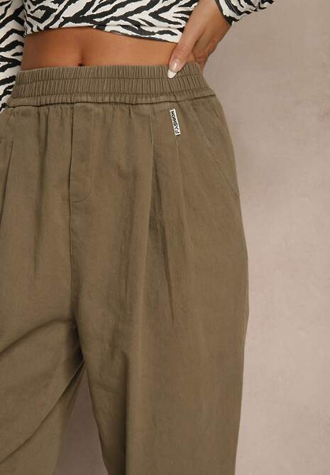 Ciemnobeżowe Spodnie High Waist z Bawełny o Szerokim Kroju Nalitia 5