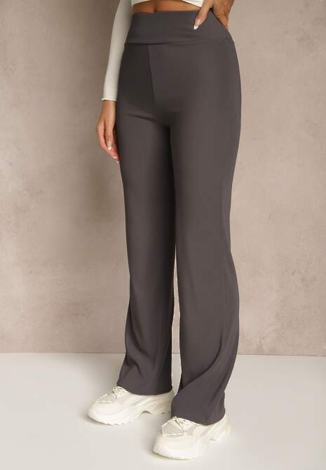 Ciemnoszare Prążkowane Spodnie High Waist z Szerokimi Nogawkami Resoda 4