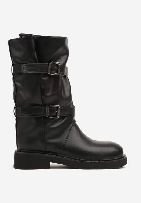 Czarne Botki Biker Boots z Marszczoną Cholewką i Paskami ze Sprzączkami Sinesa 4