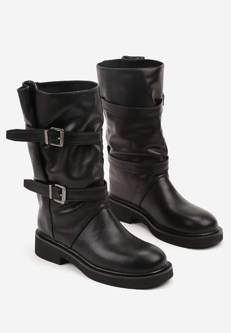 Czarne Botki Biker Boots z Marszczoną Cholewką i Paskami ze Sprzączkami Sinesa 5