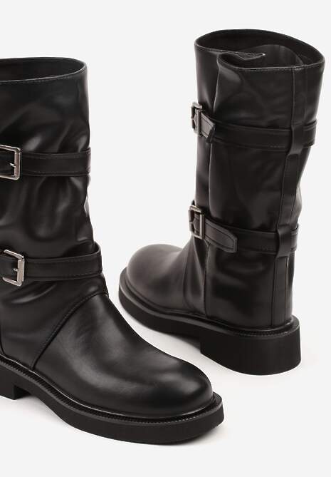 Czarne Botki Biker Boots z Marszczoną Cholewką i Paskami ze Sprzączkami Sinesa 6