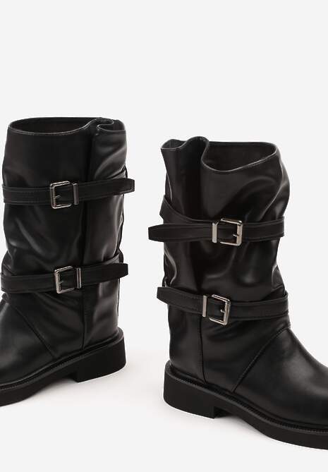 Czarne Botki Biker Boots z Marszczoną Cholewką i Paskami ze Sprzączkami Sinesa 7