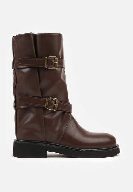 Brązowe Botki Biker Boots z Marszczoną Cholewką i Paskami ze Sprzączkami Sinesa 4