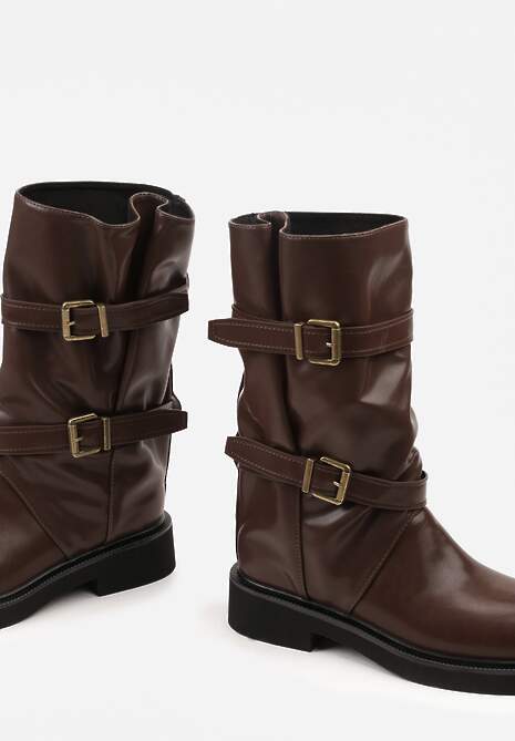 Brązowe Botki Biker Boots z Marszczoną Cholewką i Paskami ze Sprzączkami Sinesa 7