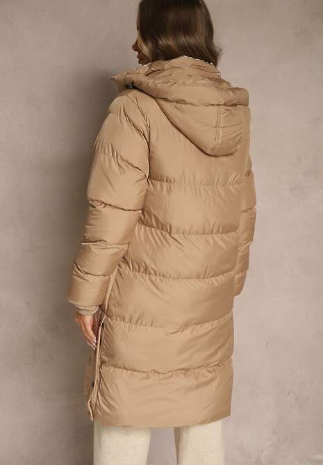 Ciemnobeżowa Kurtka z Pikowanymi Przeszyciami o Długim Fasonie z Kapturem Gineffa 4