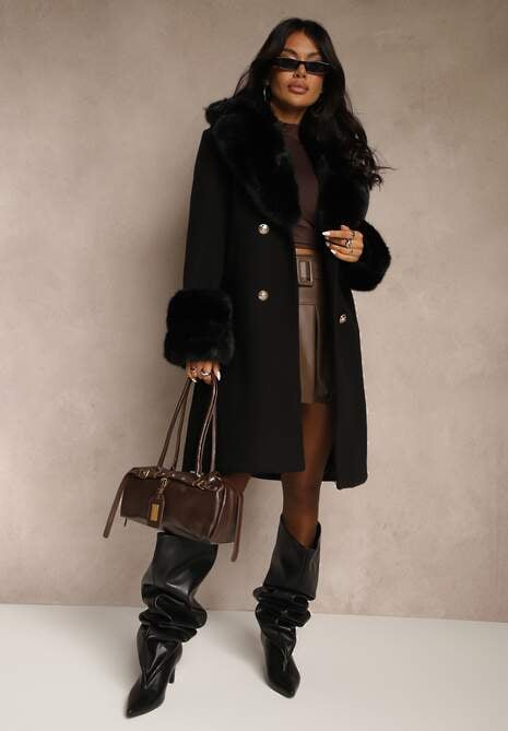 Czarny Dwurzędowy Płaszcz o Eleganckim Fasonie z Futerkowymi Zdobieniami  Lendrie 4