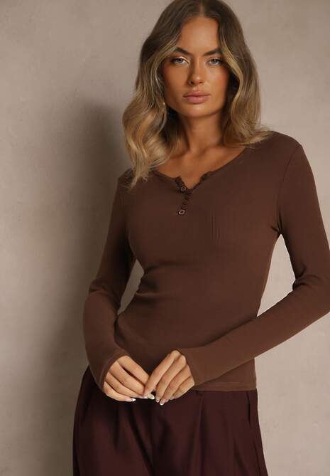 Brązowa Bawełniana Bluzka Longsleeve z Prążkowanej Tkaniny z Guziczkami Amandria 4
