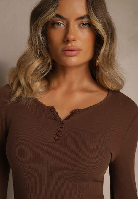 Brązowa Bawełniana Bluzka Longsleeve z Prążkowanej Tkaniny z Guziczkami Amandria 5