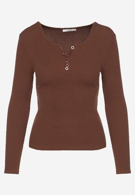 Brązowa Bawełniana Bluzka Longsleeve z Prążkowanej Tkaniny z Guziczkami Amandria 6