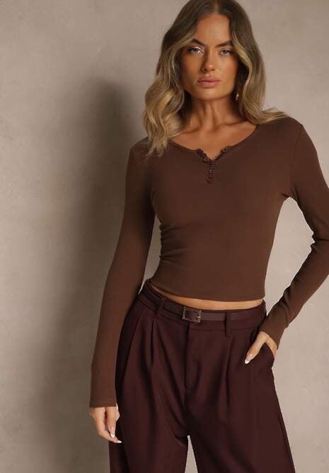 Brązowa Bawełniana Bluzka Longsleeve z Prążkowanej Tkaniny z Guziczkami Amandria