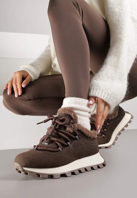 Brązowe Sneakersy Typu Śniegowce na Tłoczonej Platformie Sierrna