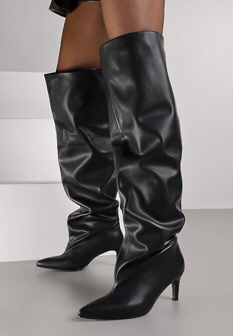 Czarne Marszczone Kozaki na Obcasie Kaczuszka ze Szpiczastym Noskiem Tiosanda 4