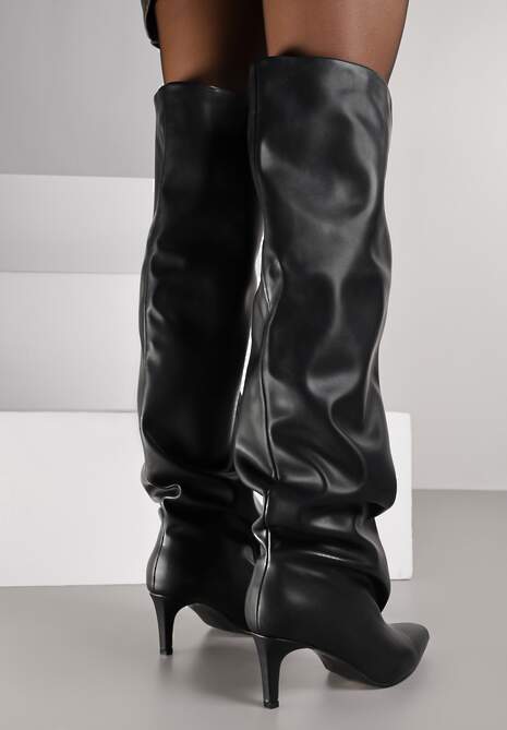 Czarne Marszczone Kozaki na Obcasie Kaczuszka ze Szpiczastym Noskiem Tiosanda 5