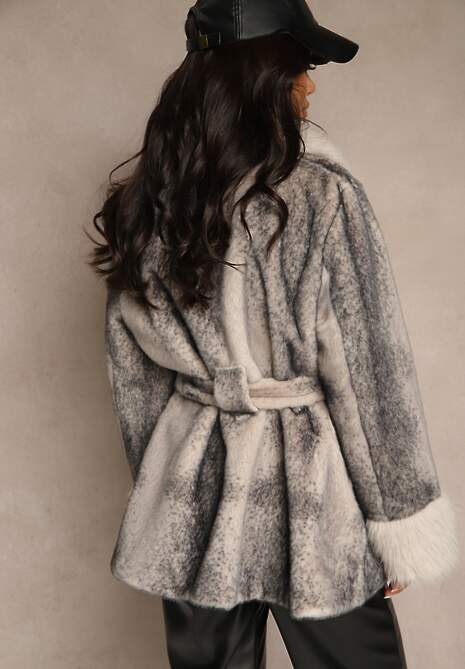 Beżowa Kurtka Futerko z Wiązanym Paskiem i Szerokim Kołnierzem Coverra 4