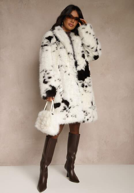 Biało-Brązowy Długi Futrzany Płaszcz w Krowie Łaty Otirona 5