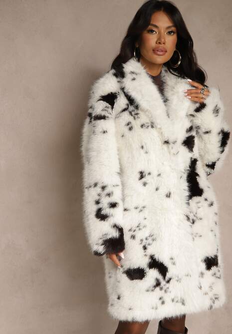 Biało-Brązowy Długi Futrzany Płaszcz w Krowie Łaty Otirona 4