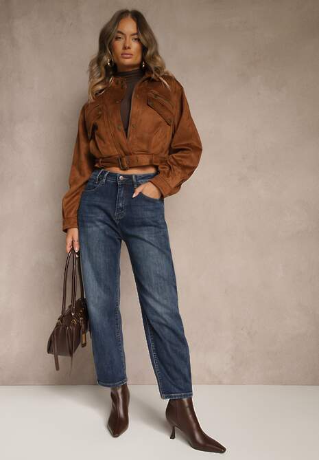Niebieskie Jeansy Mom Fit High Waist z Dodatkiem Wiskozy Ativite