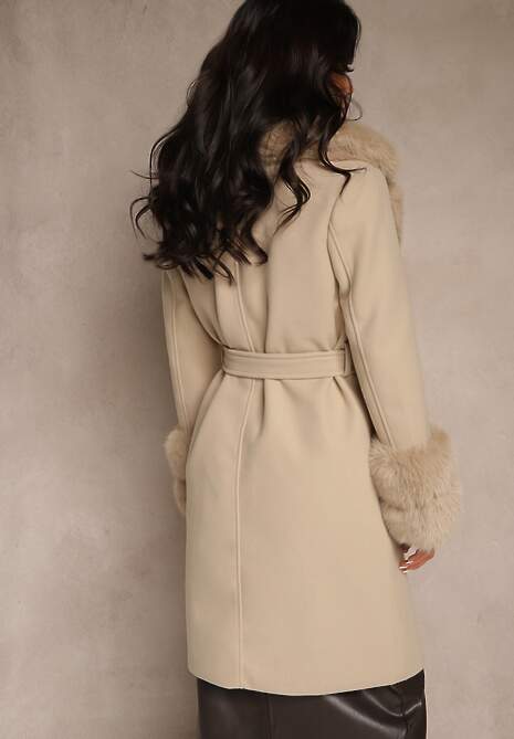 Beżowy Dwurzędowy Płaszcz o Eleganckim Fasonie z Futerkowymi Zdobieniami  Lendrie 5